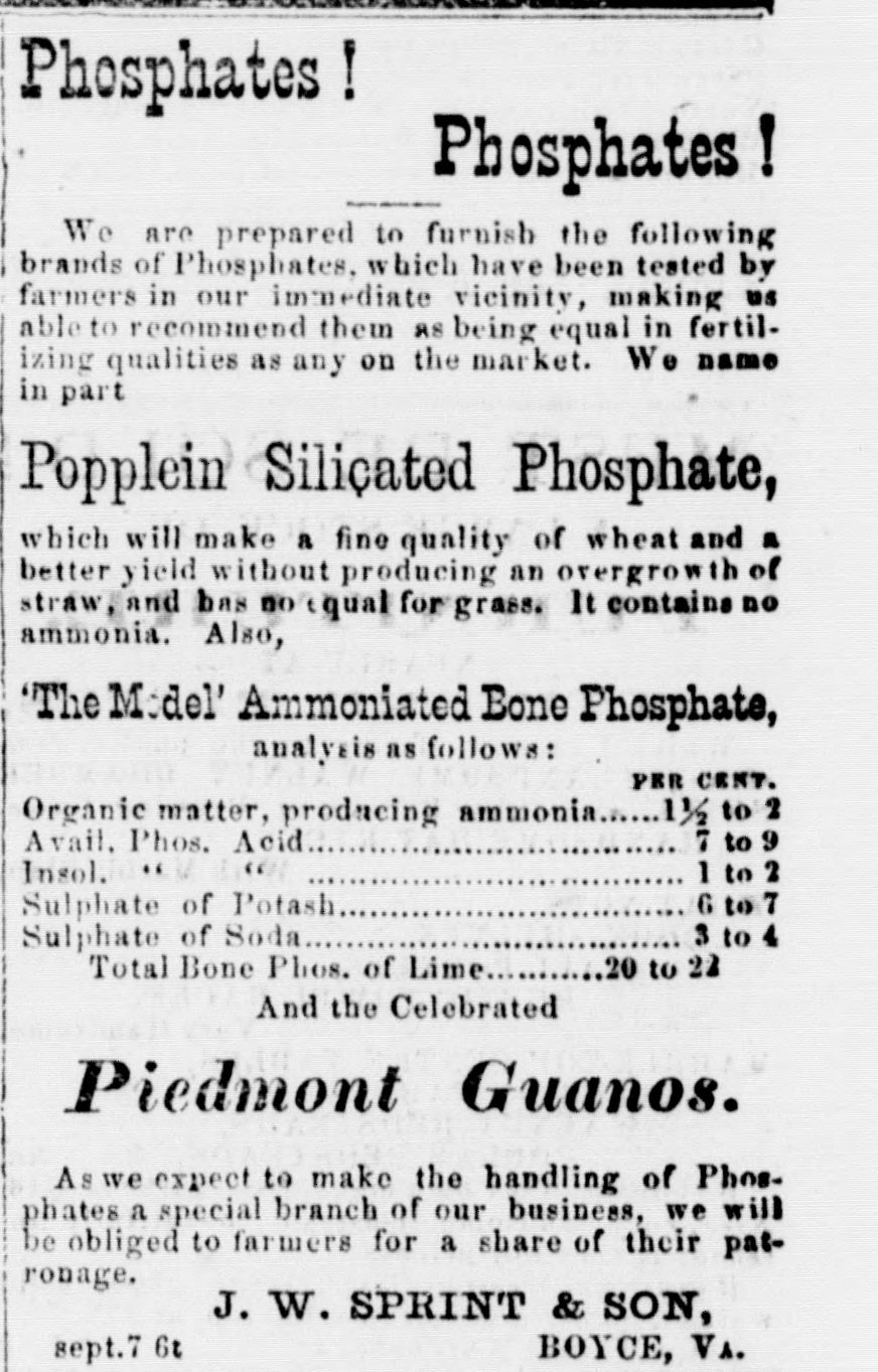 A newspaper advertisement headed "Phosphates! Phosphates!" in large type. It offers Popplein Silicated Phosphate, "The Model" Ammoniated Bone Phosphate with a table of its analysis in per cent, and Piedmont Guanos, says the brands were tested by farmers in the immediate vicinity, and closes with the signature "J. W. Sprint & Son, Boyce, Va." and the printer's mark "sept.7 6t".