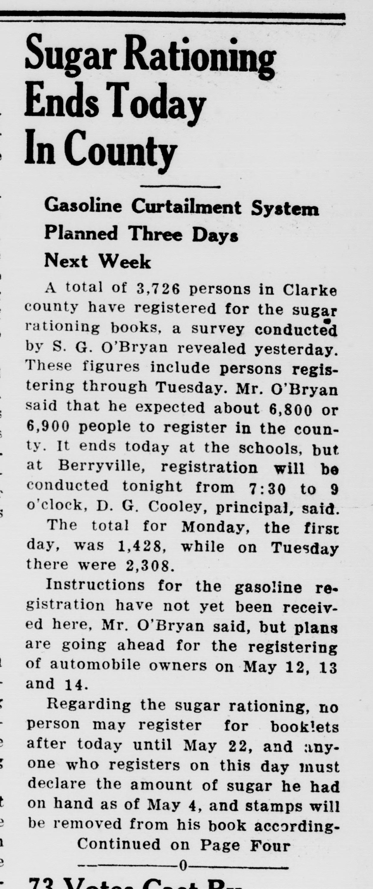 A front-page newspaper column headed "Sugar Rationing Ends Today In County," with the subhead "Gasoline Curtailment System Planned Three Days Next Week." The article gives 3,726 persons registered for sugar books, the day totals of 1,428 and 2,308, and an evening session at Berryville, and ends with the line "Continued on Page Four," which sends the reader to the rest of the report.