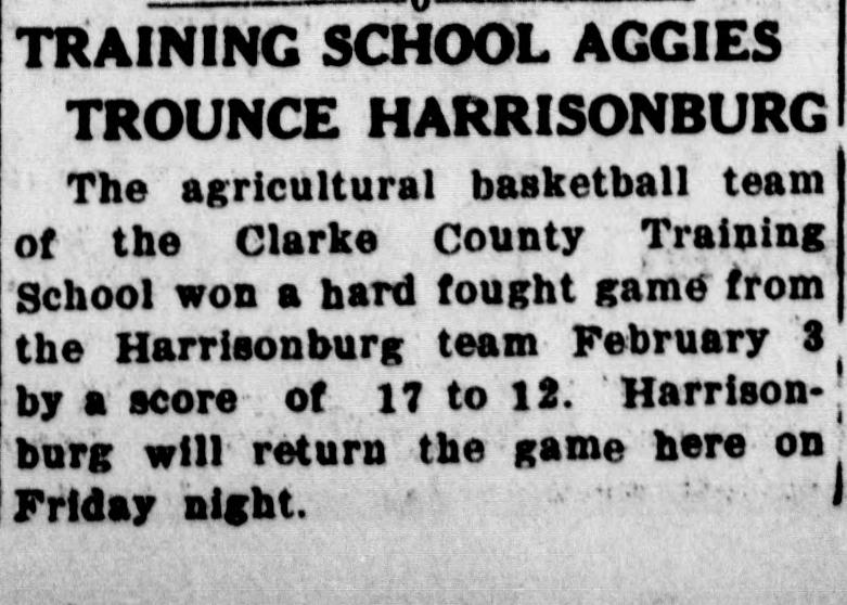 A short newspaper item headed "Training School Aggies Trounce Harrisonburg," reporting that the agricultural basketball team of the Clarke County Training School won a hard fought game from Harrisonburg on February 3 by 17 to 12.