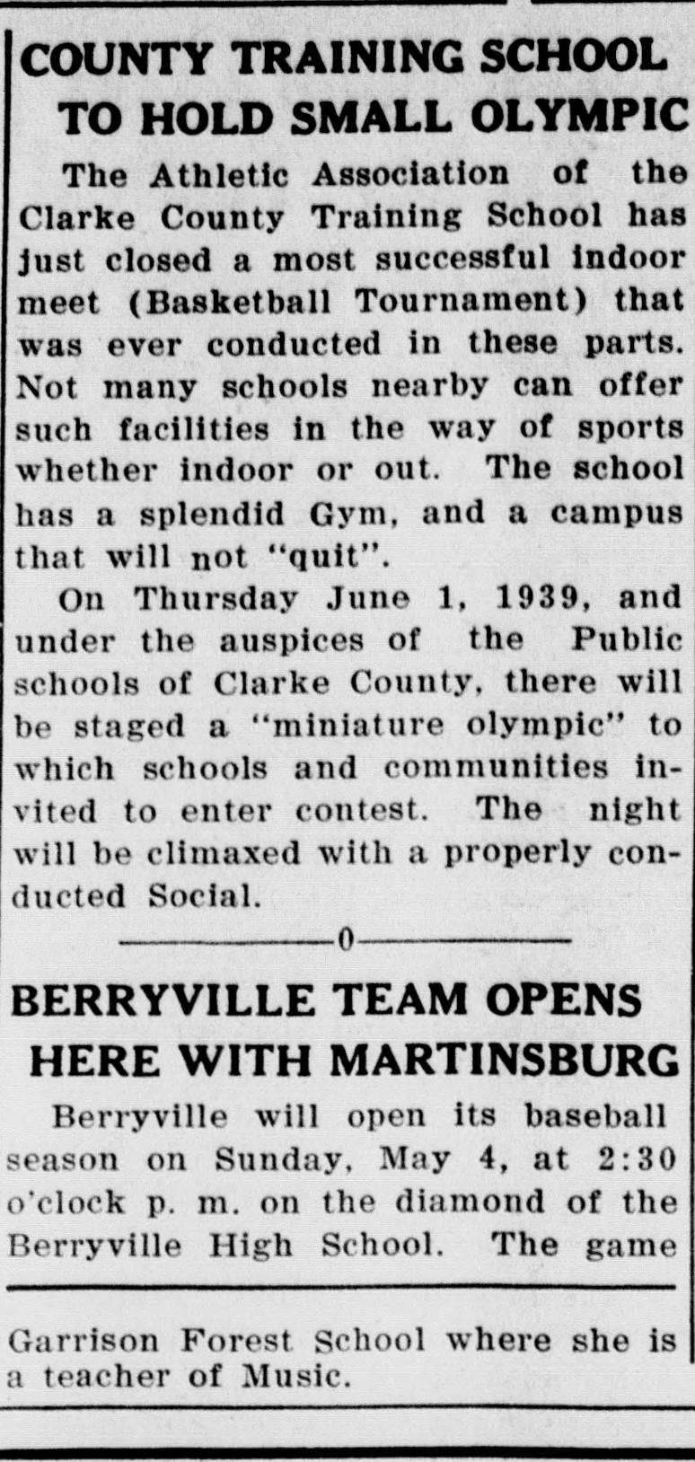 A newspaper item headed "County Training School To Hold Small Olympic." It praises the school's gym and campus after an indoor basketball tournament and announces a miniature olympic for Thursday, June 1, 1939, closing with a social. A Berryville baseball item follows below a rule.