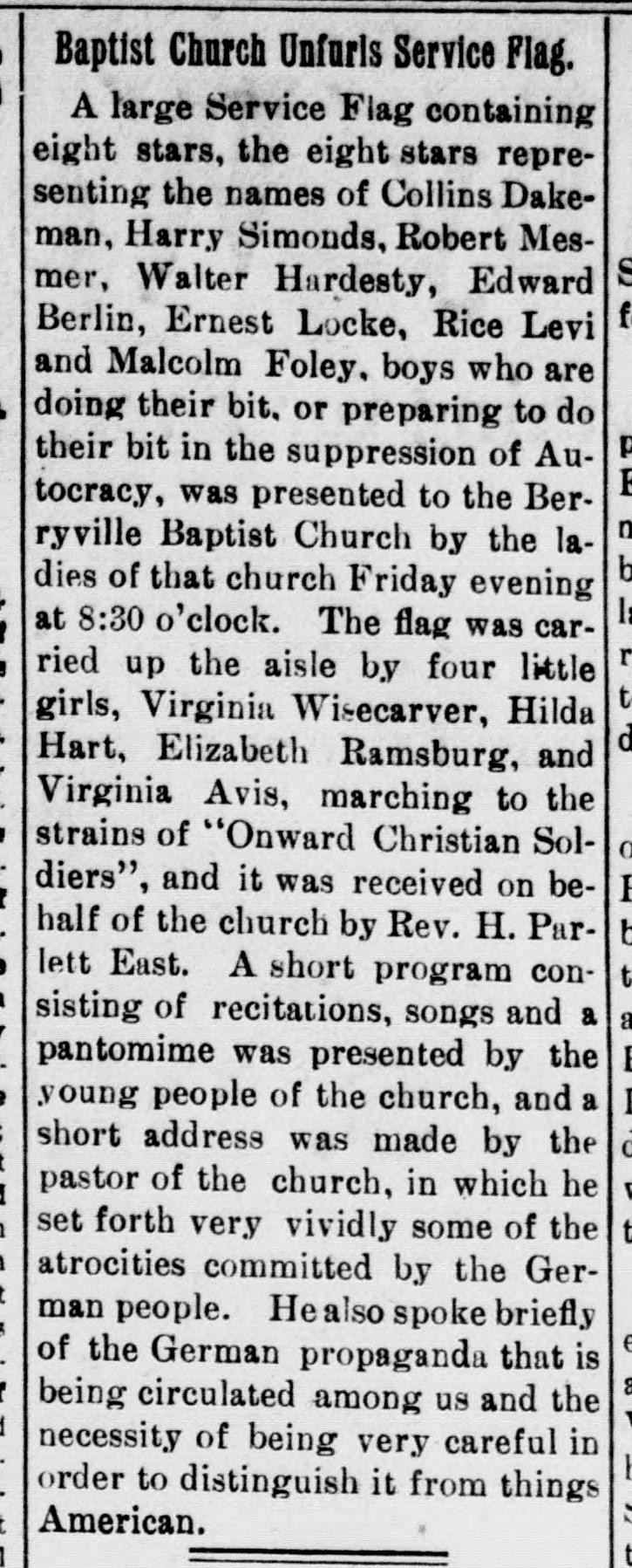 A newspaper column headed "Baptist Church Unfurls Service Flag," naming the eight men whose stars were on the flag and describing it carried up the aisle and received for the church by its pastor.