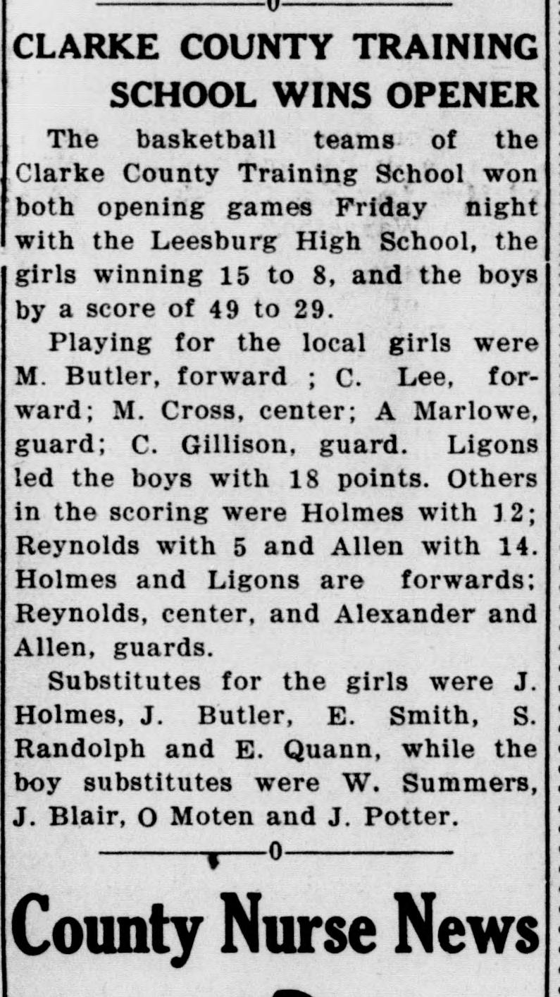 A newspaper item headed "Clarke County Training School Wins Opener." Its first paragraph gives the girls' and boys' scores against Leesburg High School; the next paragraphs list the players and substitutes by name and position. The heading "County Nurse News" shows at the foot.