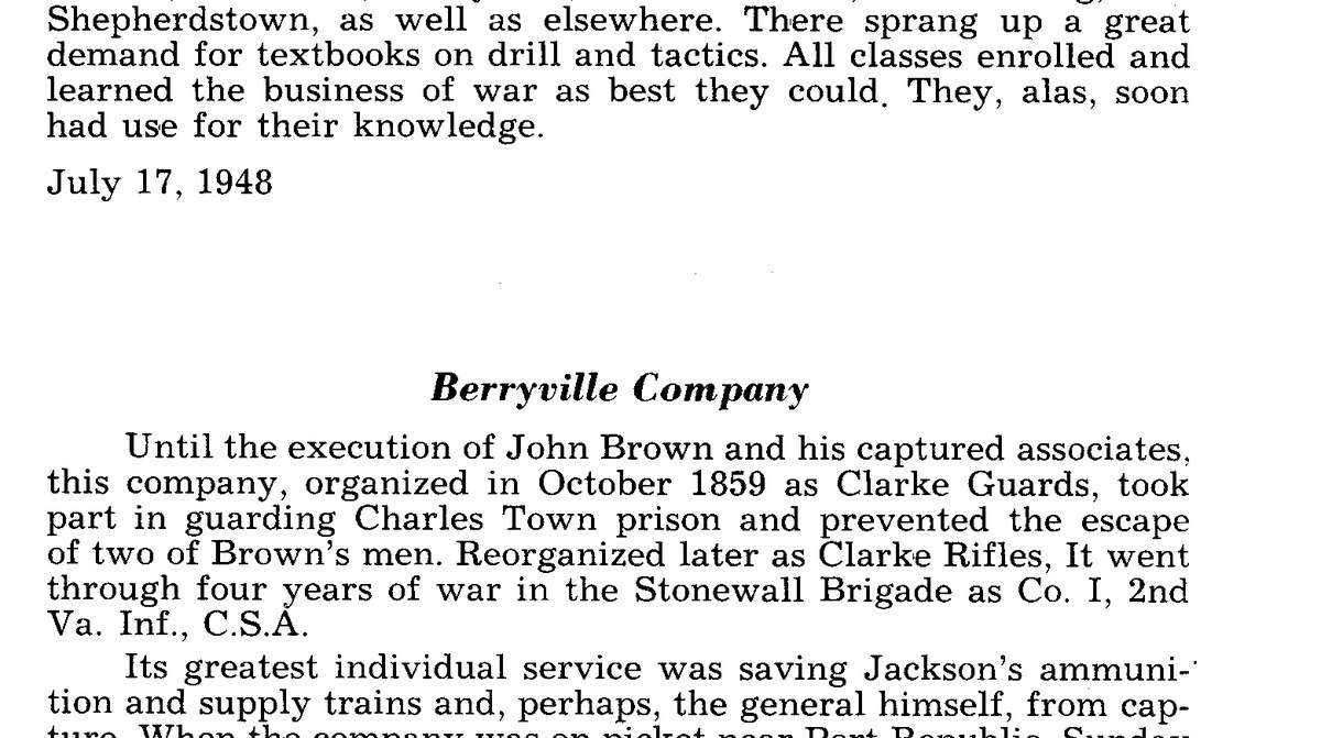 A page of a printed book with the heading "Berryville Company," a paragraph on the company organized in October 1859 as the Clarke Guards and later reorganized as the Clarke Rifles, and a paragraph on its picket duty at Port Republic in June 1862.