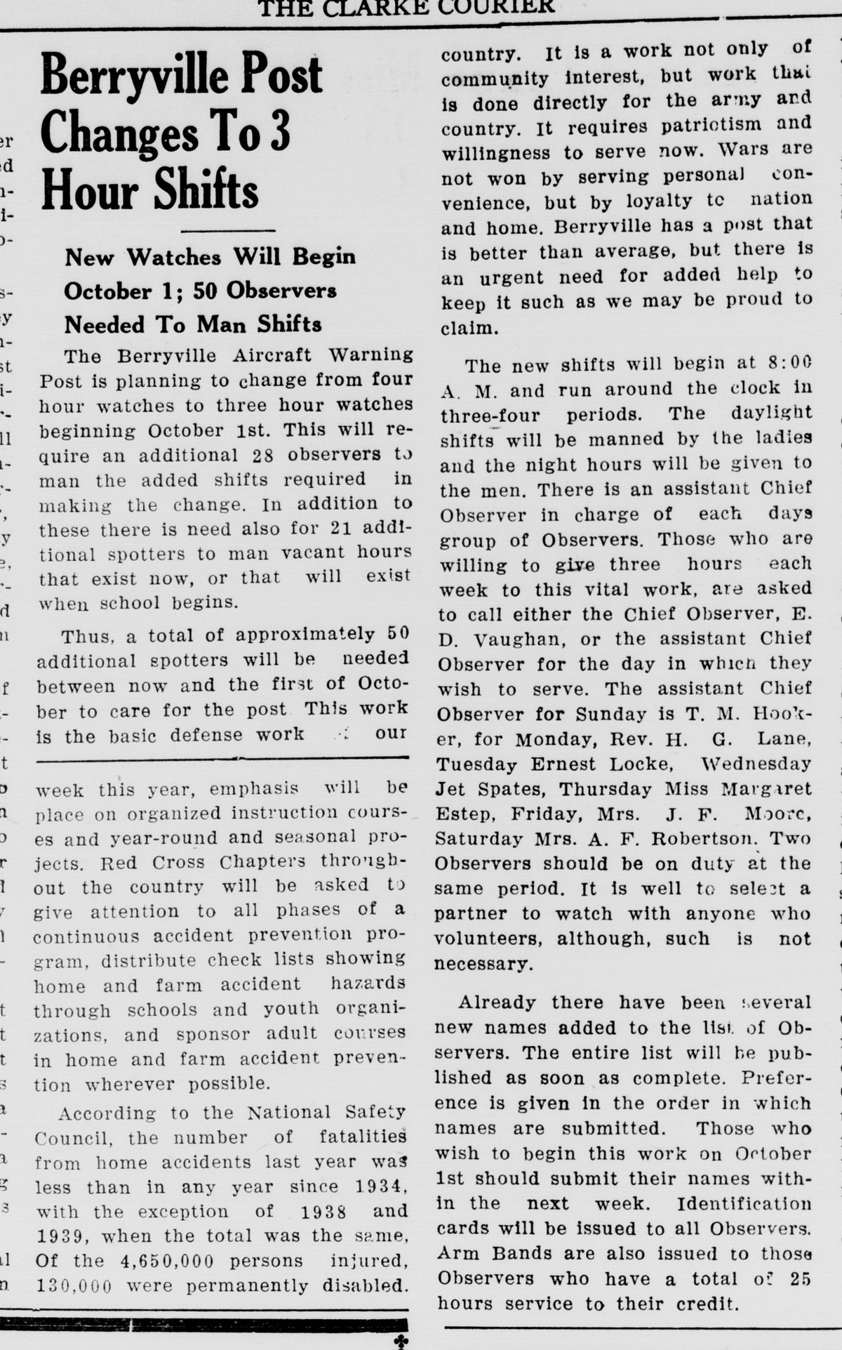 Two columns of a newspaper page under the large headline "Berryville Post Changes To 3 Hour Shifts" and the subhead "New Watches Will Begin October 1; 50 Observers Needed To Man Shifts." The article runs down the left column and continues at the top of the right one; the lower left column is an unrelated Red Cross item on accident prevention.