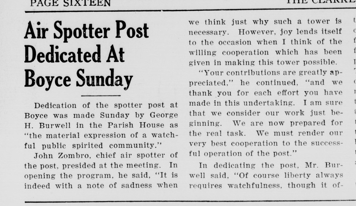 A wide strip across the top of a newspaper page marked "Page Sixteen," with the headline "Air Spotter Post Dedicated At Boyce Sunday." Two columns report George H. Burwell's dedication of the post in the Parish House and John Zombro's opening remarks thanking contributors; the text continues beyond the right edge.