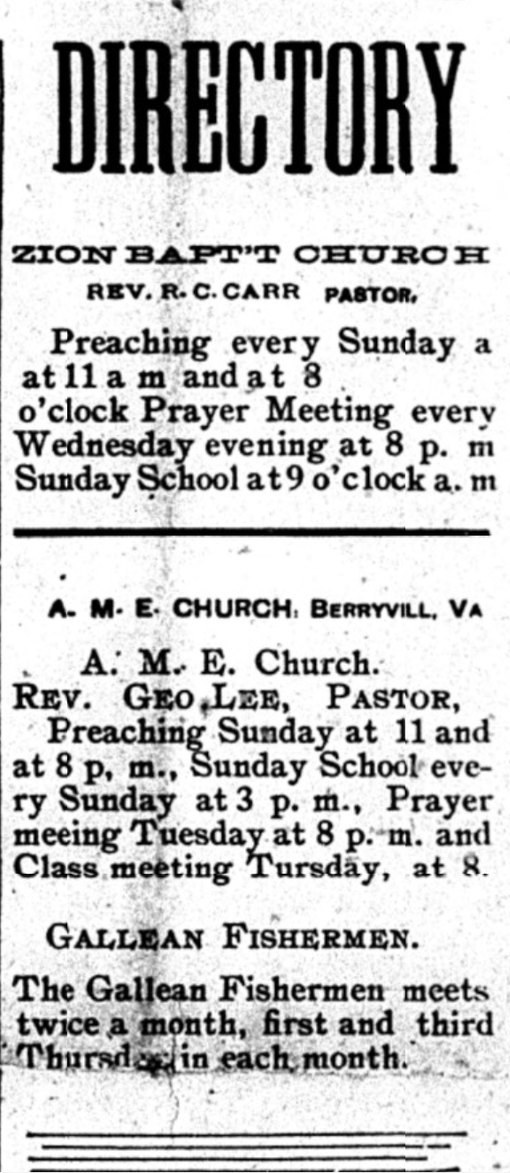 A newspaper column headed "DIRECTORY" in tall type. It lists the Zion Baptist Church and the A. M. E. Church at Berryville with their pastors and hours, and at the foot an entry headed Gallean Fishermen, saying the society meets twice a month, on the first and third Thursday.