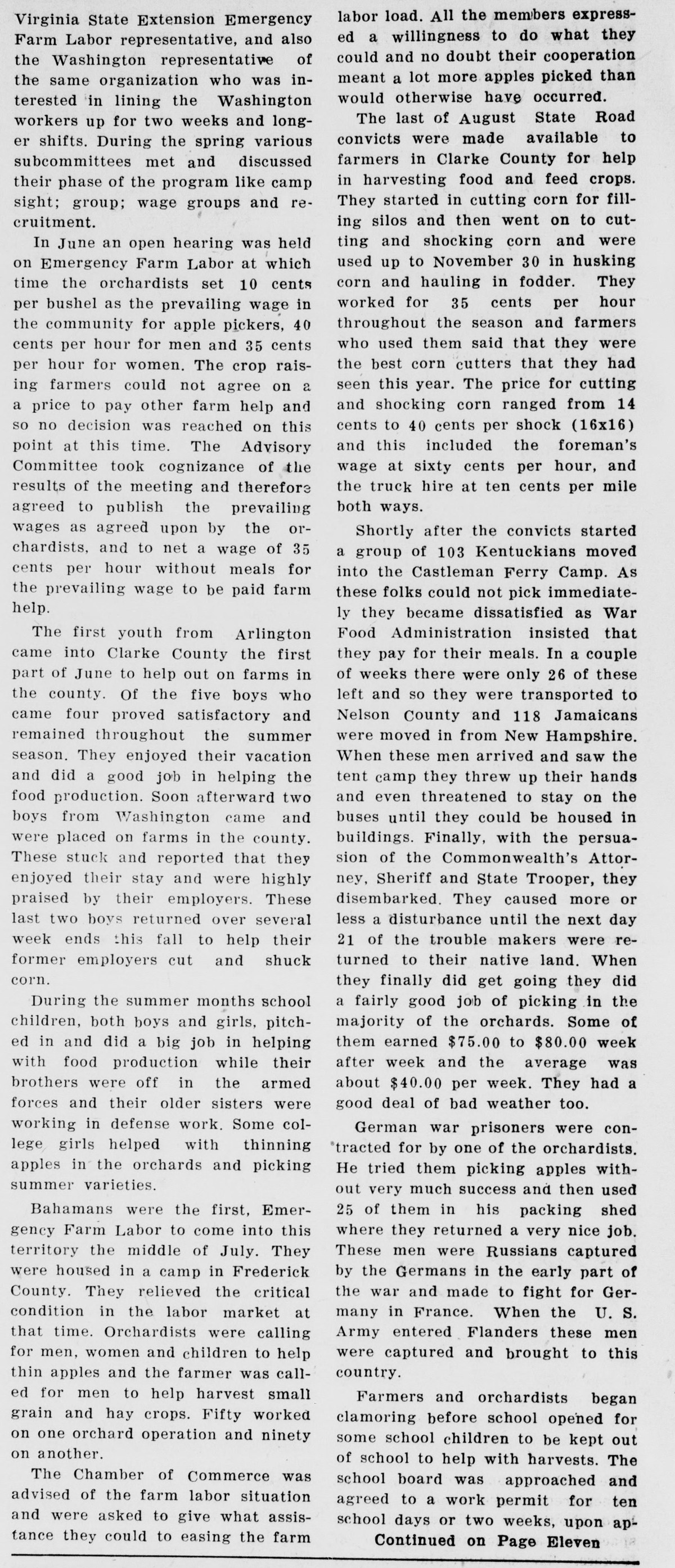 Two columns of small newspaper type from the county agent's report. They describe the June hearing on prevailing wages, boys from Arlington and Washington, school children and college girls, Bahaman workers housed in Frederick County, State Road convicts cutting corn, 103 Kentuckians and 118 Jamaicans at the Castleman Ferry Camp, and German war prisoners in a packing shed, ending with a line that the report continues on page eleven.