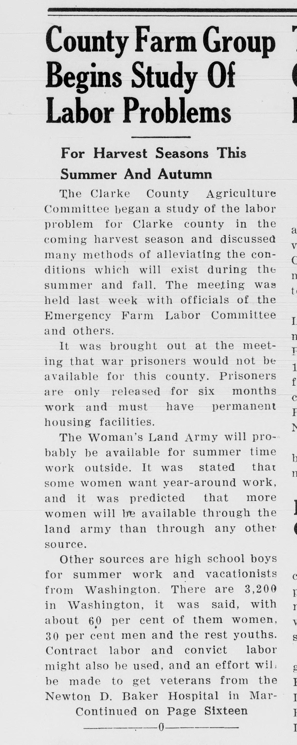 A front-page newspaper article headed "County Farm Group Begins Study Of Labor Problems," subhead "For Harvest Seasons This Summer And Autumn." It reports that war prisoners would not be available for the county and lists the Woman's Land Army, high school boys, vacationists from Washington, contract labor and convict labor, ending with a note that it continues on page sixteen.