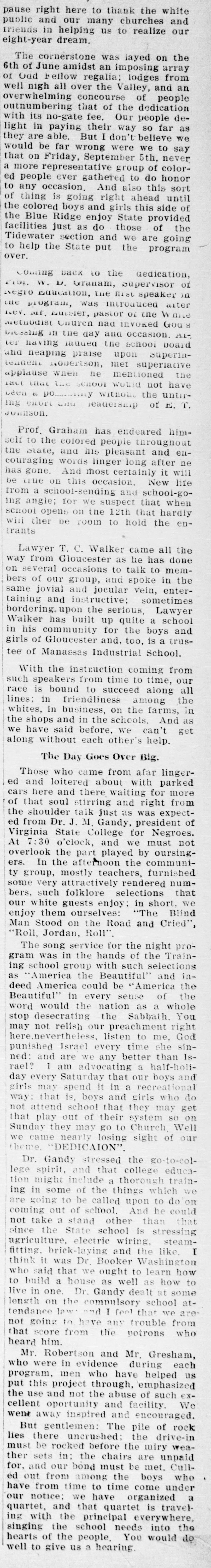 A long single newspaper column continuing the dedication report. It thanks the public for an eight-year dream, compares the cornerstone crowd with the free dedication, describes the speakers Graham, Walker and Gandy, has a section headed "The Day Goes Over Big" on the songs and speeches, and ends with an appeal about the rock pile, the unpaid chairs, the bond and a travelling quartet.