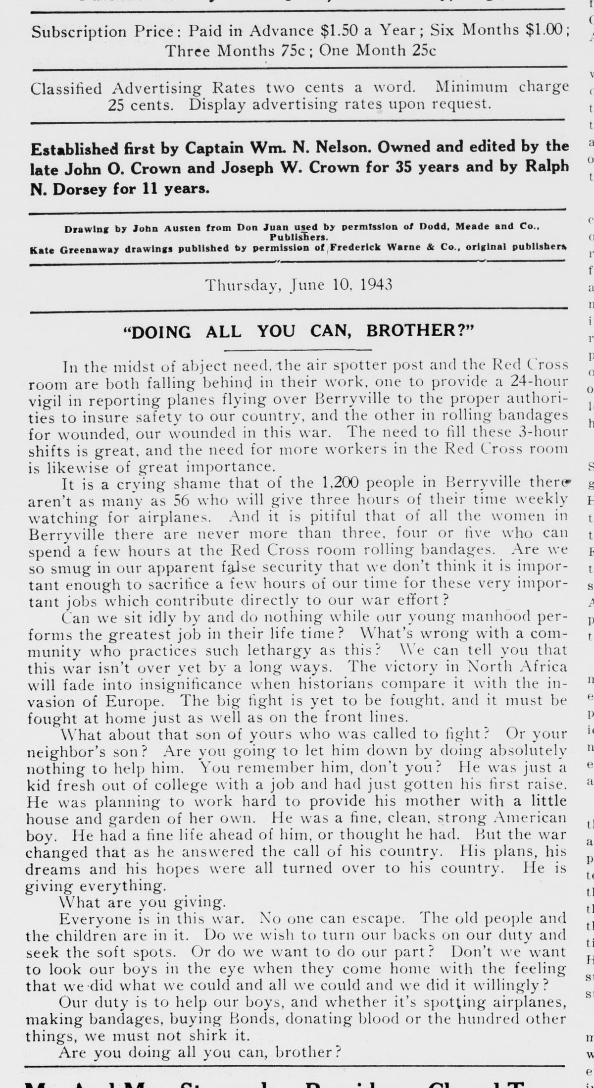 A newspaper editorial headed "Doing All You Can, Brother?" beneath the lower part of the masthead box, dated Thursday, June 10, 1943. It says the air spotter post and the Red Cross room are both falling behind, that fewer than 56 of Berryville's 1,200 people will give three hours weekly, and it ends by asking whether readers are doing all they can.