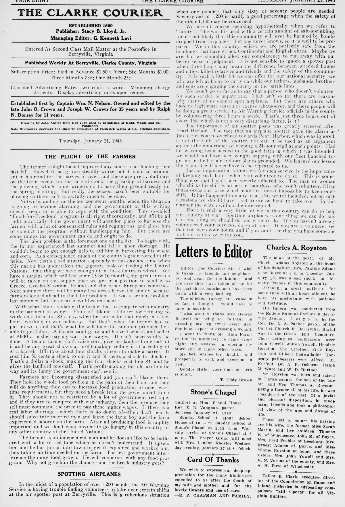 A newspaper editorial page under the masthead "The Clarke Courier," dated Thursday, January 21, 1943. Below an editorial on the plight of the farmer, the editorial "Spotting Airplanes" begins at the foot of the left column and continues at the top of the right column; letters to the editor and an obituary fill the lower right.