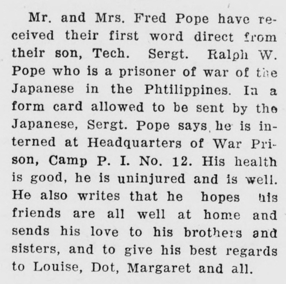 A newspaper item from a column of service news. It reports that Mr. and Mrs. Fred Pope have received their first word direct from their son, Tech. Sergt. Ralph W. Pope, a prisoner of the Japanese: a form card saying he is interned, his health is good, and he is uninjured and well.