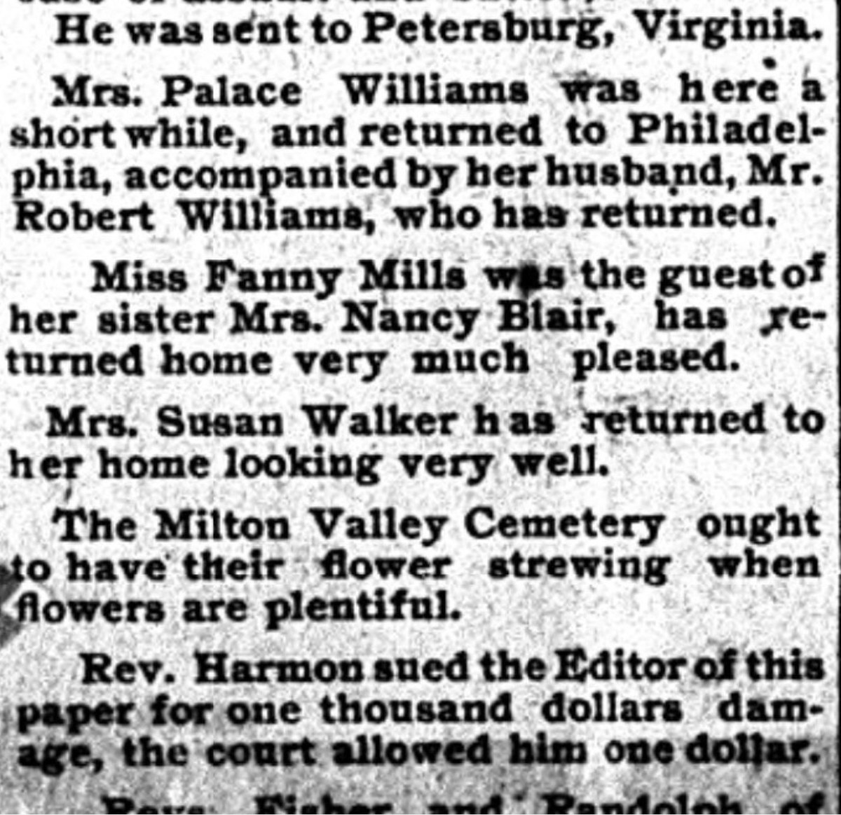 Part of a newspaper personals column in heavy type, with short items about visitors and returns home. One item reads that the Milton Valley Cemetery ought to have their flower strewing when flowers are plentiful; another below it concerns a lawsuit against the paper's editor.