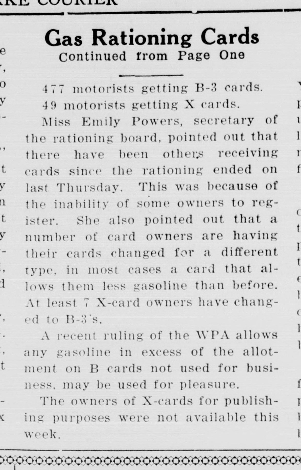 A newspaper continuation headed "Gas Rationing Cards, Continued from Page One," beneath the paper's name at the top of the page. It lists 477 motorists getting B-3 cards and 49 getting X cards, then reports the rationing board secretary's remarks on late registrants and card changes.