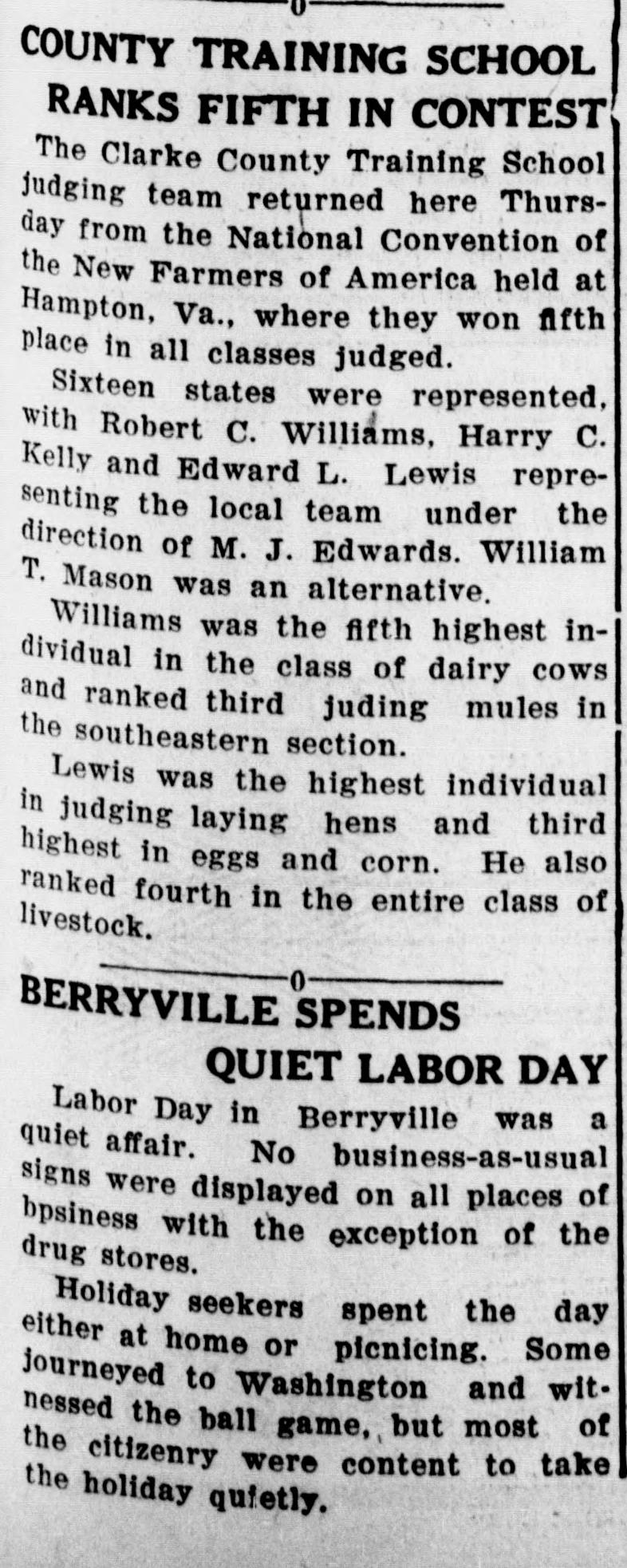 A newspaper item headed "County Training School Ranks Fifth In Contest." It names the team and its director M. J. Edwards, William T. Mason as alternate, and each boy's placings on dairy cows, mules, laying hens, eggs, corn and livestock. An item headed "Berryville Spends Quiet Labor Day" follows below a rule.