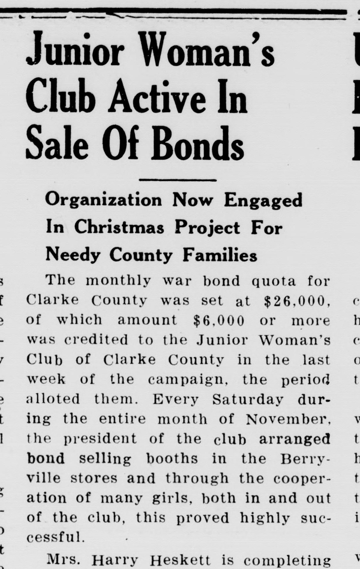 A front-page newspaper item headed "Junior Woman's Club Active In Sale Of Bonds," with a subhead about a Christmas project for needy county families. Its first paragraph gives the county's $26,000 monthly war bond quota, $6,000 or more credited to the club, and Saturday bond booths in the Berryville stores through November.