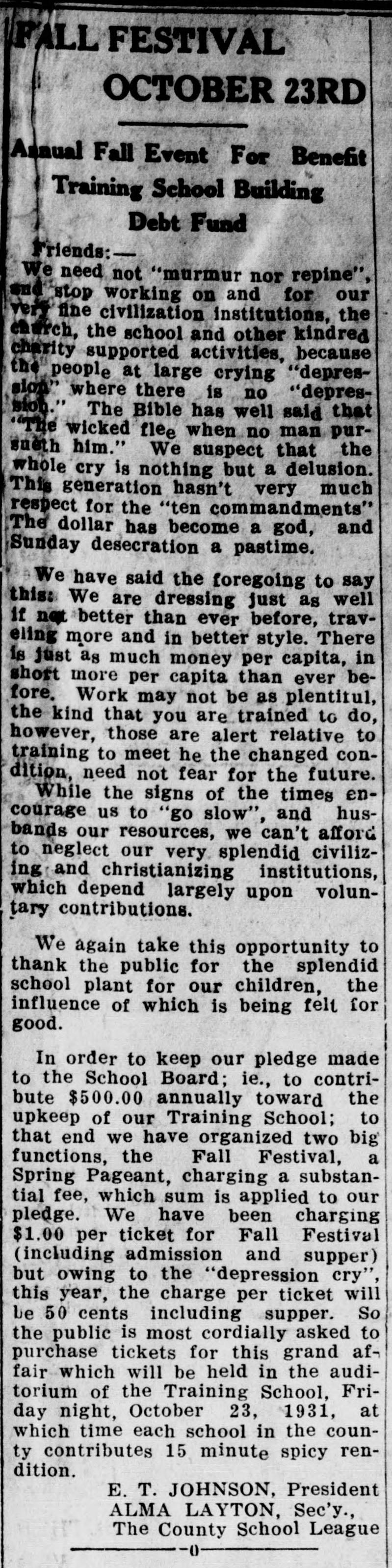 A long newspaper column headed "Fall Festival October 23rd," for the Training School Building Debt Fund. A letter to friends about hard times is followed by the pledge of $500.00 a year to the School Board toward the school's upkeep and the ticket cut to 50 cents, signed by E. T. Johnson and Alma Layton for the County School League.