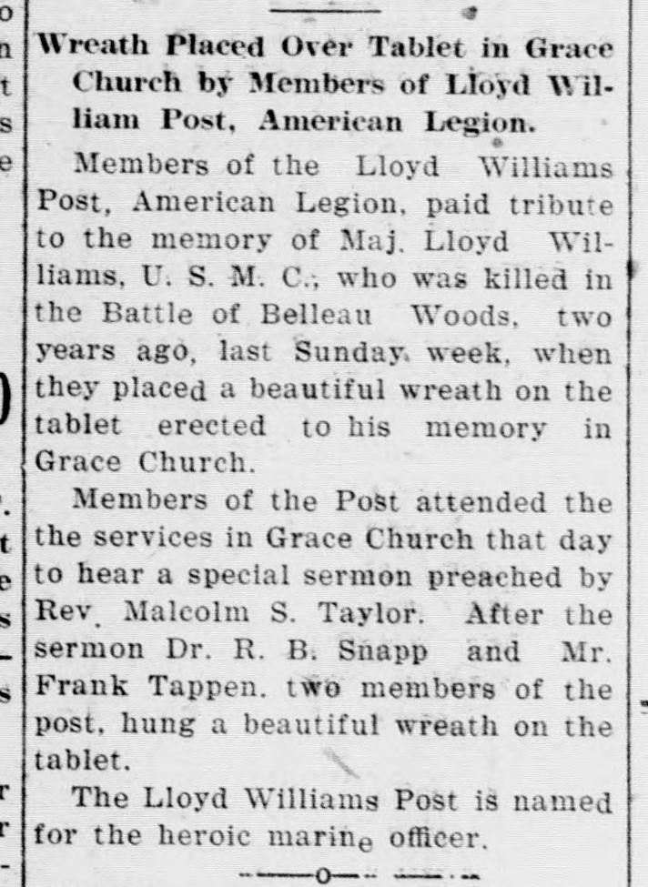 A newspaper column headed "Wreath Placed Over Tablet in Grace Church by Members of Lloyd William Post, American Legion," describing two members of the post hanging a wreath on the tablet after a sermon.