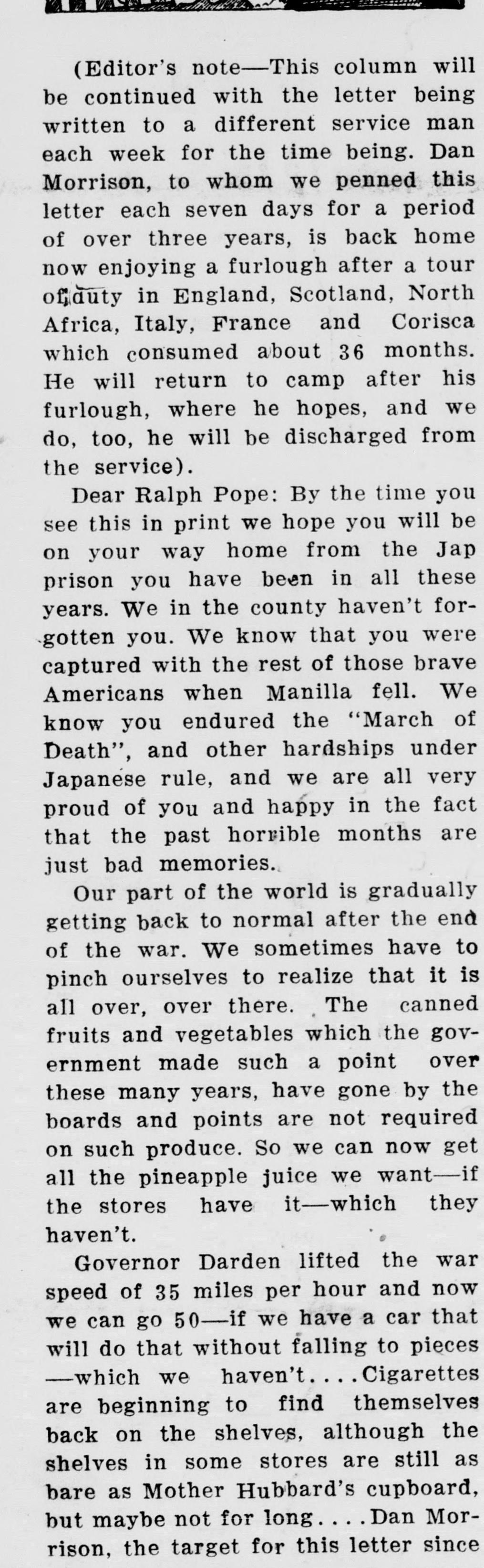 A narrow newspaper column. An editor's note in parentheses says Dan Morrison, written to weekly for over three years, is home on furlough; below it a letter begins "Dear Ralph Pope" and goes on about canned goods off ration points, the speed limit raised from 35 to 50, and cigarettes.