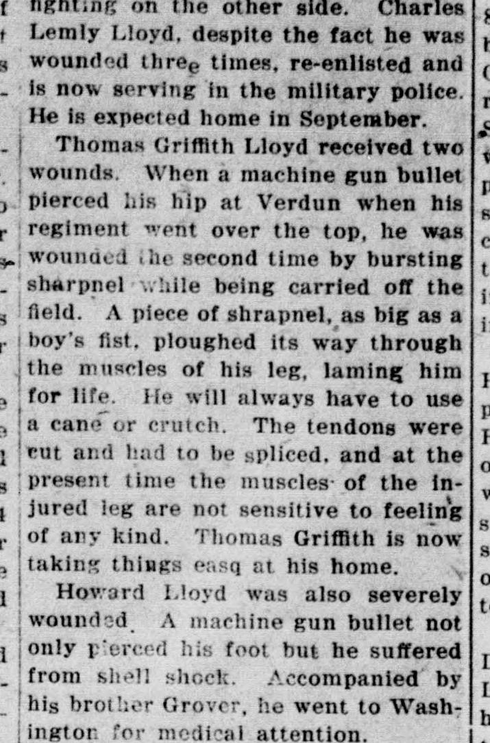 A newspaper column describing the wounds of the Lloyd brothers: Charles Lemly Lloyd wounded three times, Thomas Griffith Lloyd lamed for life by shrapnel, and Howard Lloyd shot through the foot and shell-shocked.