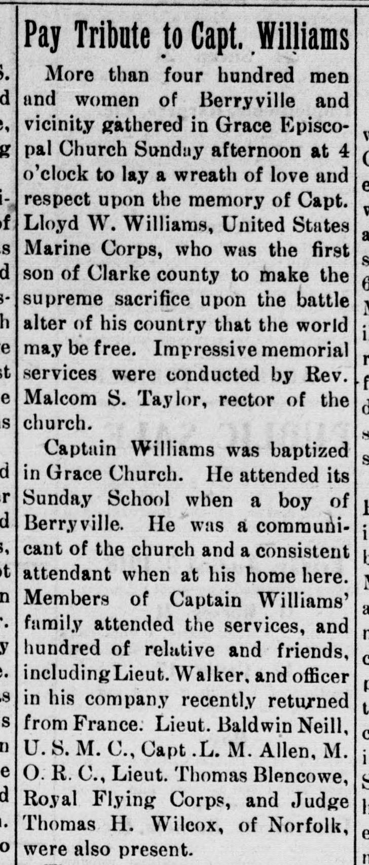 The opening of a newspaper report headed "Pay Tribute to Capt. Williams," describing more than four hundred people gathered in Grace Episcopal Church for Capt. Lloyd W. Williams of the Marine Corps, who was baptized there.