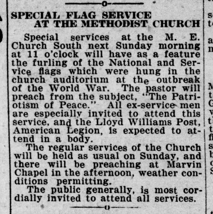A short newspaper notice headed "Special Flag Service at the Methodist Church," announcing the furling of the national and service flags hung at the outbreak of the World War and inviting ex-service men to attend.