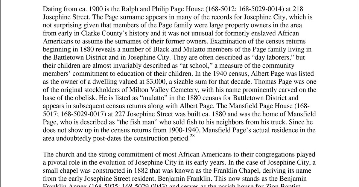 A typed page of the nomination discussing the Page family of Josephine Street. A sentence midway down says Thomas Page was one of the original stockholders of Milton Valley Cemetery, with his name prominently carved on the base of the obelisk, and that he is listed in the 1880 census for Battletown District.