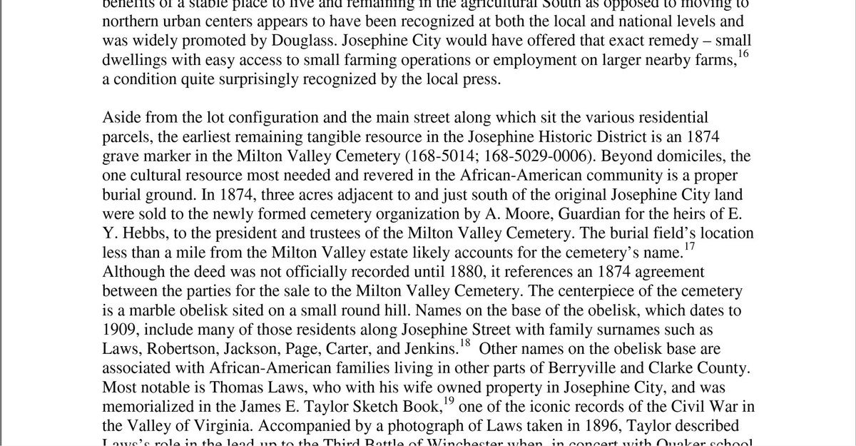 A typed page of the nomination's statement of significance. It calls an 1874 grave marker the earliest remaining resource, says three acres were sold in 1874 to the new cemetery organization by A. Moore, guardian for the heirs of E. Y. Hebbs, that the deed recorded in 1880 references an 1874 agreement, and lists surnames on the obelisk's base: Laws, Robertson, Jackson, Page, Carter and Jenkins.