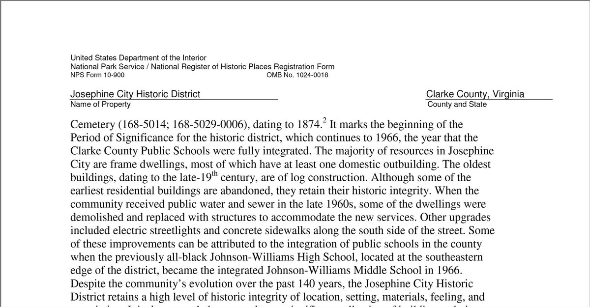 The top of the next page of the nomination, under the form's header, continuing: the cemetery burial dates to 1874 and marks the beginning of the period of significance for the historic district, which continues to 1966, the year the county's public schools were fully integrated.