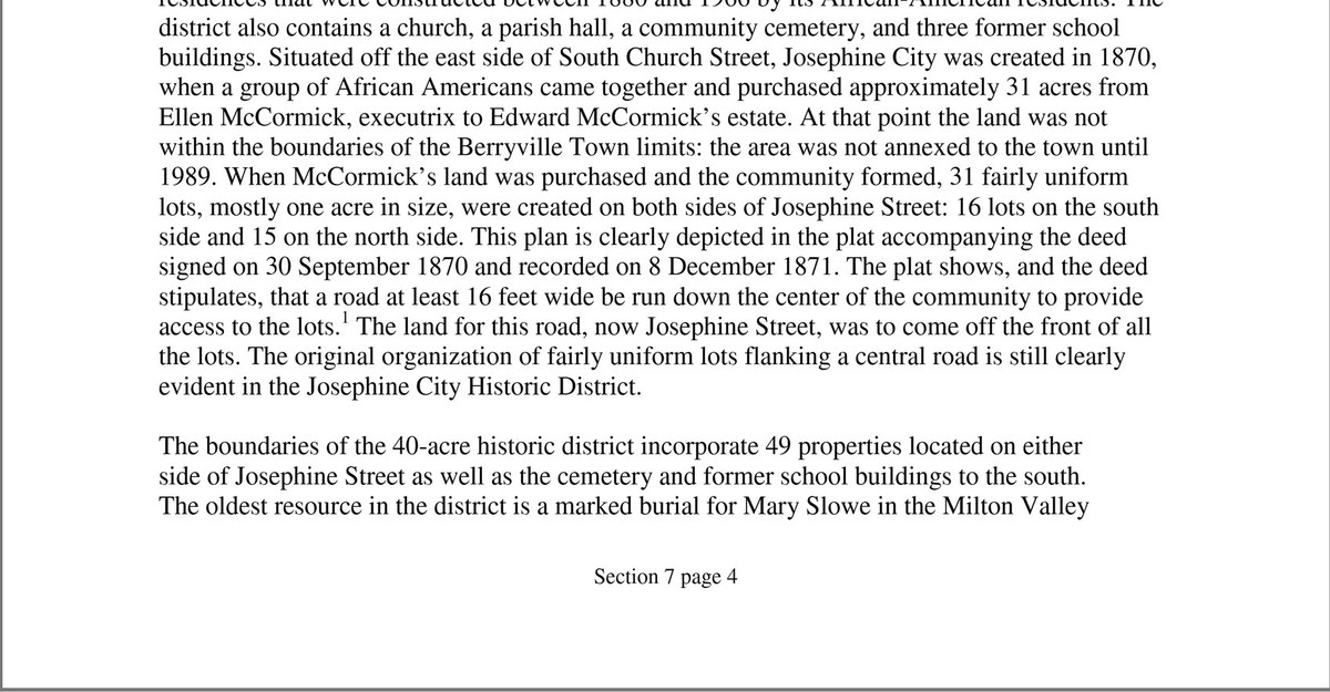 A typed page of the nomination's Section 7 summary, describing Josephine City's founding in 1870 on about 31 acres bought from Ellen McCormick's estate and its lots along Josephine Street, and ending with the sentence that the oldest resource in the district is a marked burial for Mary Slowe in the Milton Valley Cemetery.