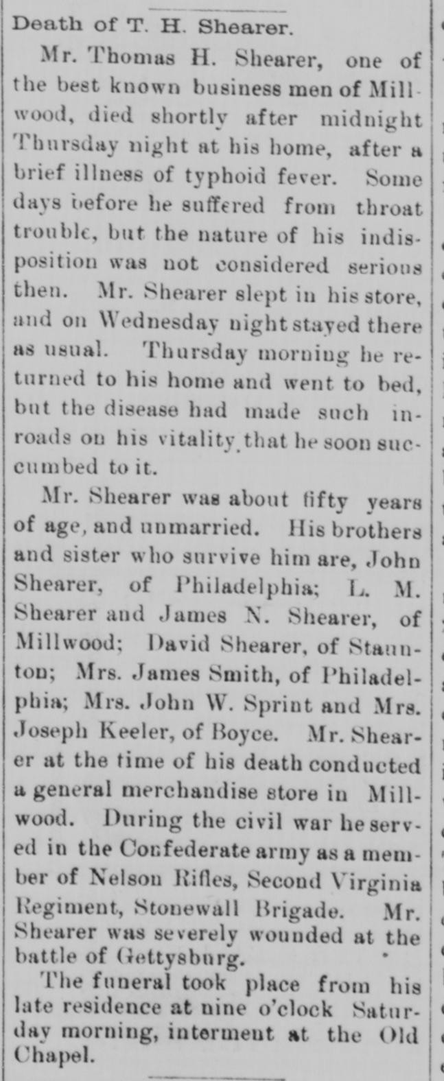 A newspaper notice headed "Death of T. H. Shearer," a Millwood merchant who served in the Nelson Rifles of the Stonewall Brigade and was severely wounded at Gettysburg.