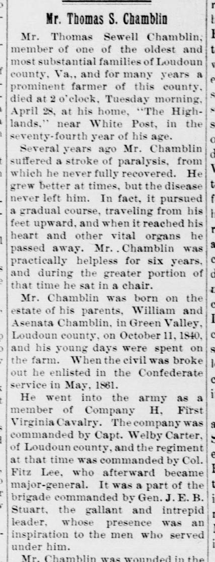 A newspaper column headed "Mr. Thomas S. Chamblin," reporting his death at "The Highlands" near White Post and his enlistment in Company H, First Virginia Cavalry, in May 1861.
