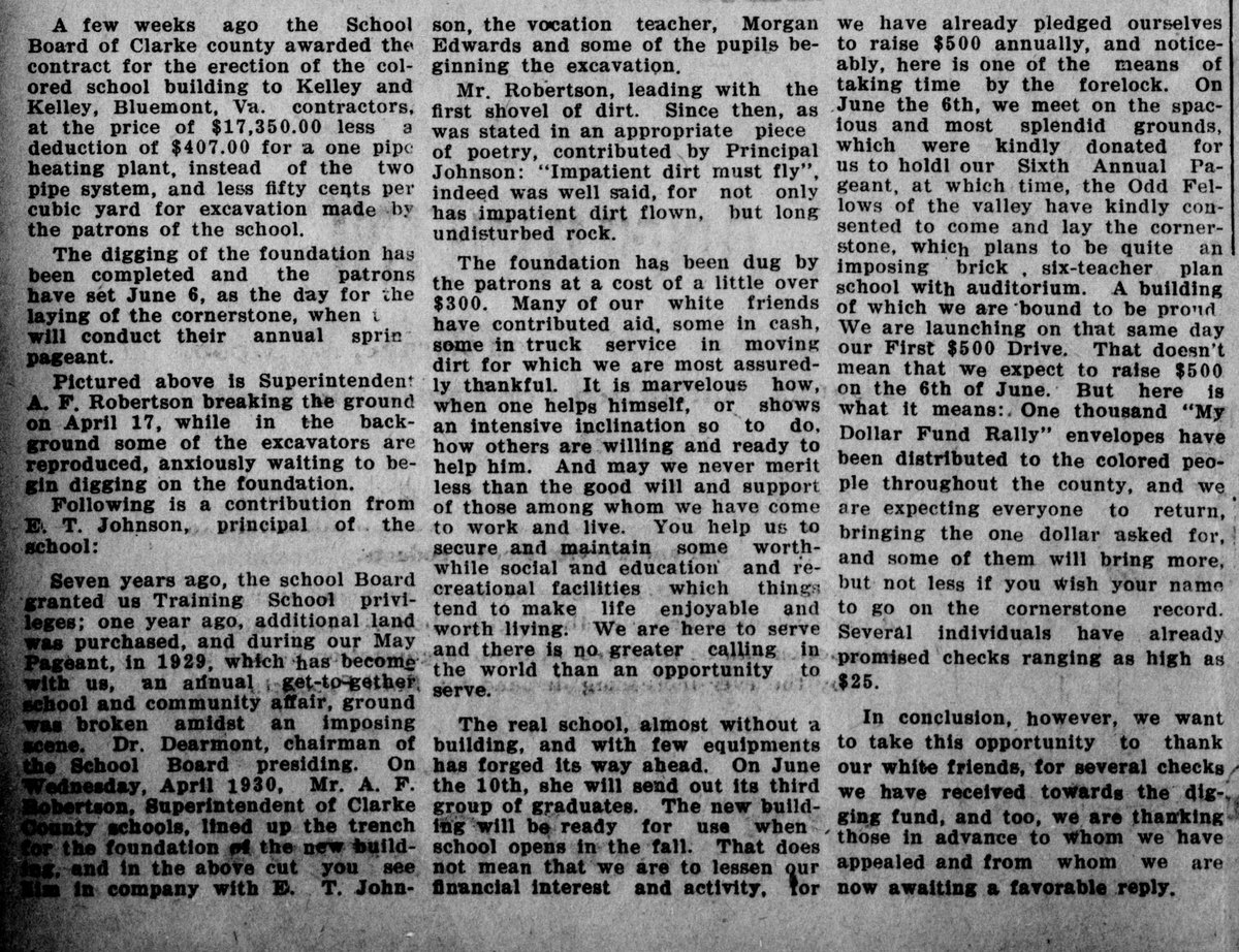 Three newspaper columns of small type set side by side. The first restates the contract and says the digging is complete and the superintendent broke ground on April 17; the second and third carry the principal's contribution about the patrons' digging, white friends' help with cash and trucks, the pledge of $500 annually and the dollar envelopes. The photograph printed above them is not included.
