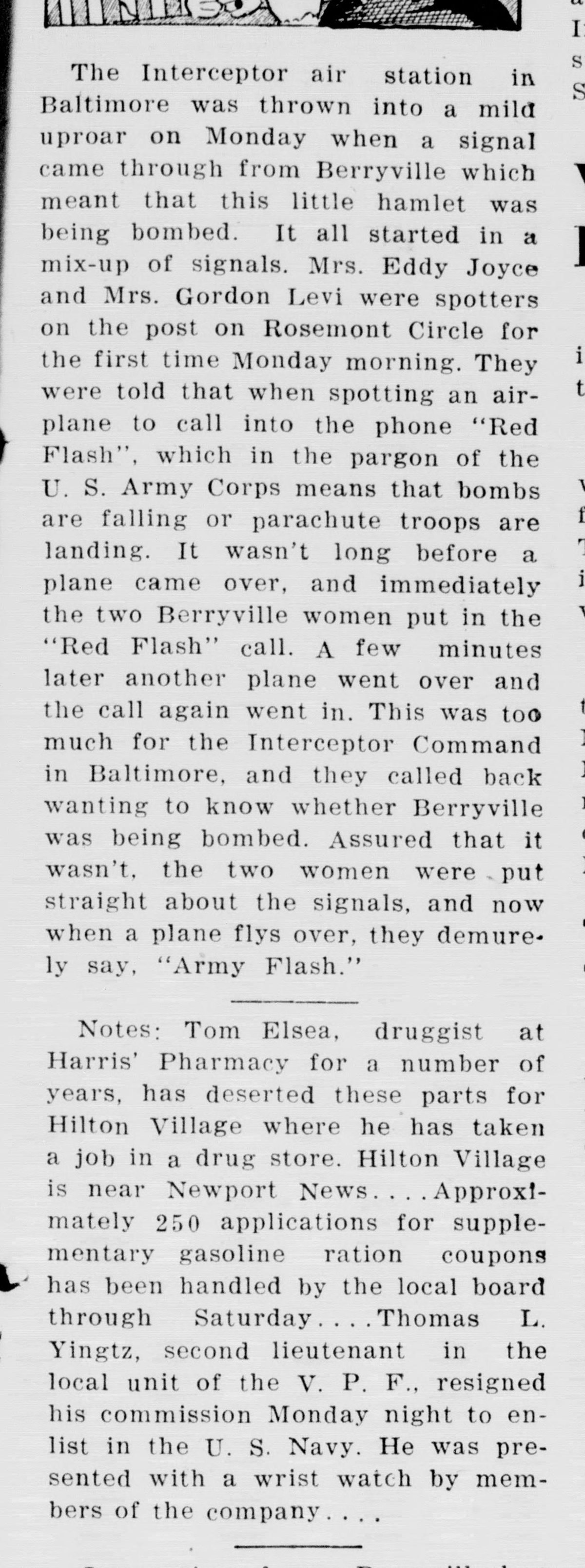 A narrow newspaper column, with the bottom edge of a cartoon heading at the top. Its first paragraph tells how the Interceptor air station in Baltimore was thrown into a mild uproar when two Berryville spotters, Mrs. Eddy Joyce and Mrs. Gordon Levi, on the post on Rosemont Circle, twice called in "Red Flash" and were later put straight to say "Army Flash." A later "Notes" paragraph reports about 250 applications for supplementary gasoline ration coupons.