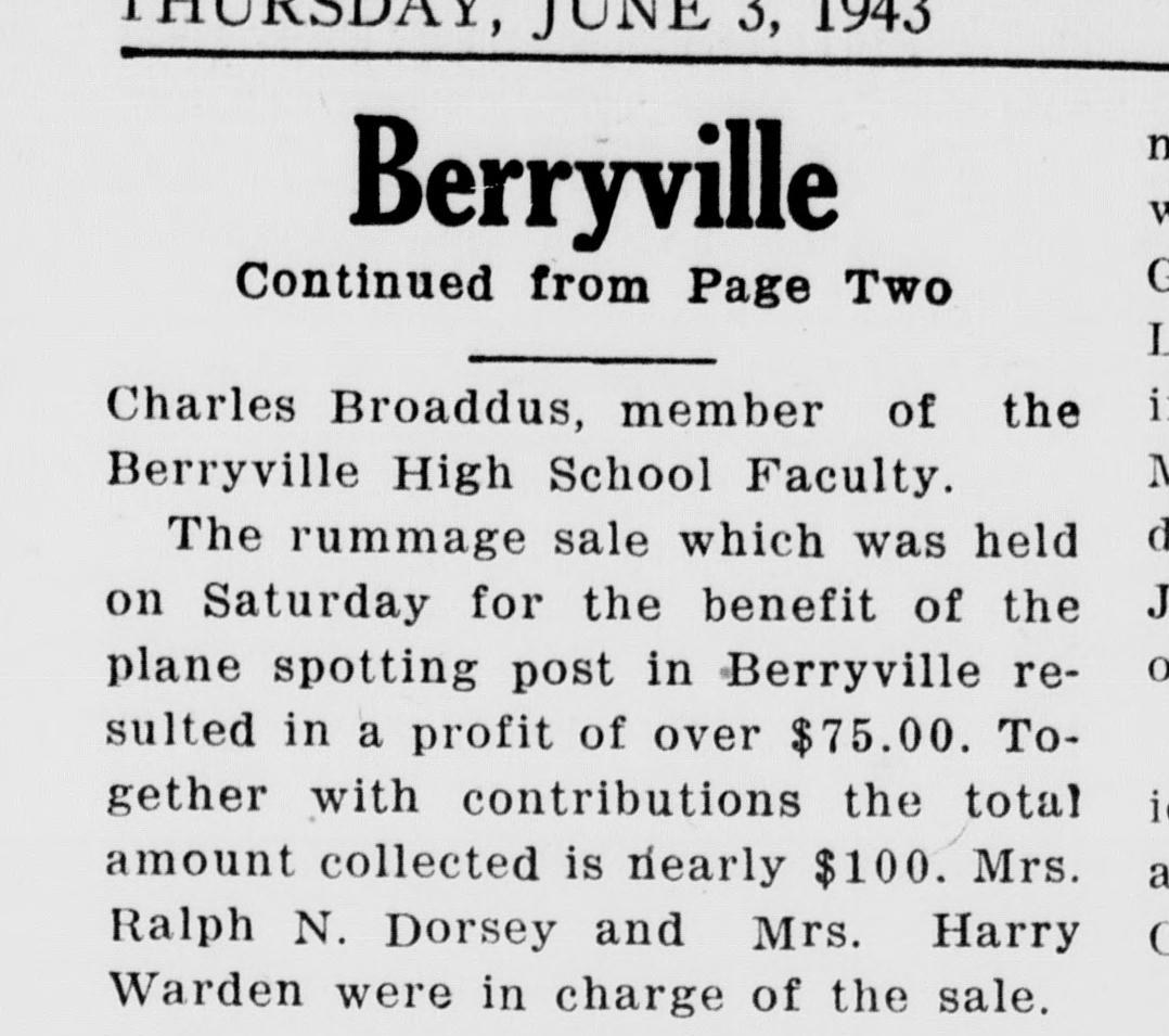 A newspaper local column headed "Berryville," "Continued from Page Two." A paragraph reports that the rummage sale held on Saturday for the plane spotting post in Berryville made a profit of over $75.00, nearly $100 with contributions, and that Mrs. Ralph N. Dorsey and Mrs. Harry Warden were in charge.