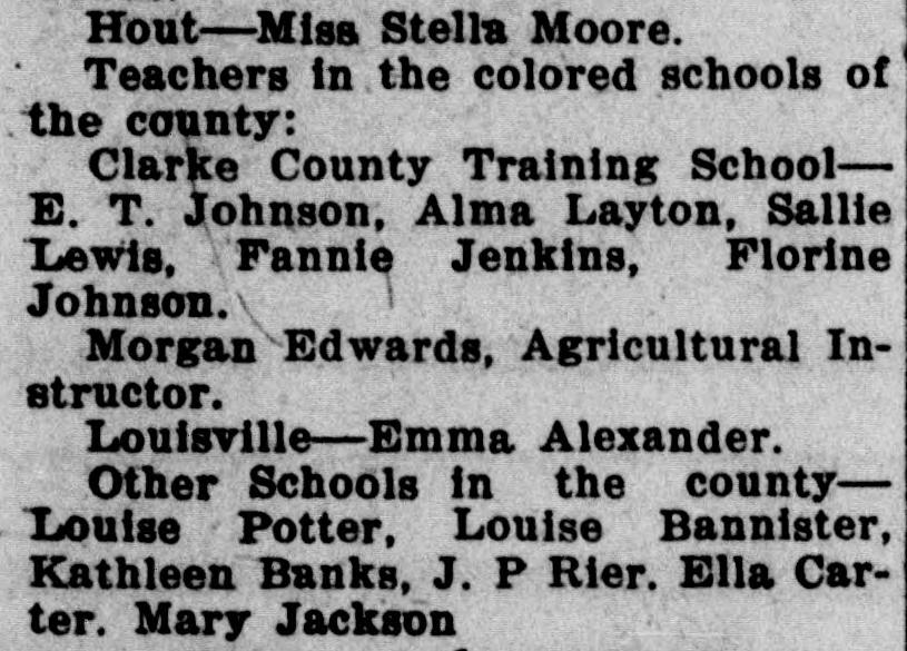 Part of the same list, under "Teachers in the colored schools of the county": Clarke County Training School, E. T. Johnson, Alma Layton, Sallie Lewis, Fannie Jenkins and Florine Johnson; Morgan Edwards, Agricultural Instructor; then the teachers for Louisville and the county's other schools.