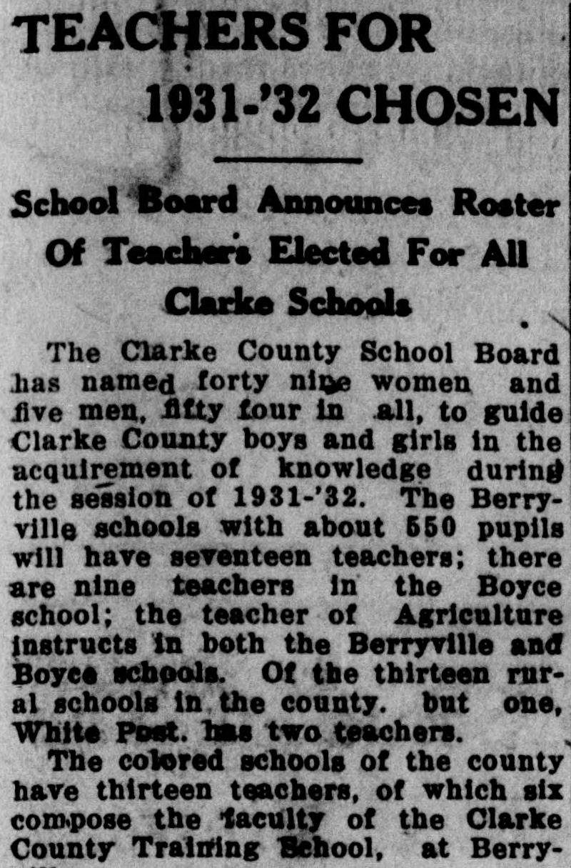 A newspaper column headed "Teachers for 1931-'32 Chosen" and "School Board Announces Roster Of Teachers Elected For All Clarke Schools." It says the School Board has named fifty-four teachers for the 1931-'32 session and that the colored schools of the county have thirteen teachers, six of whom compose the faculty of the Clarke County Training School.