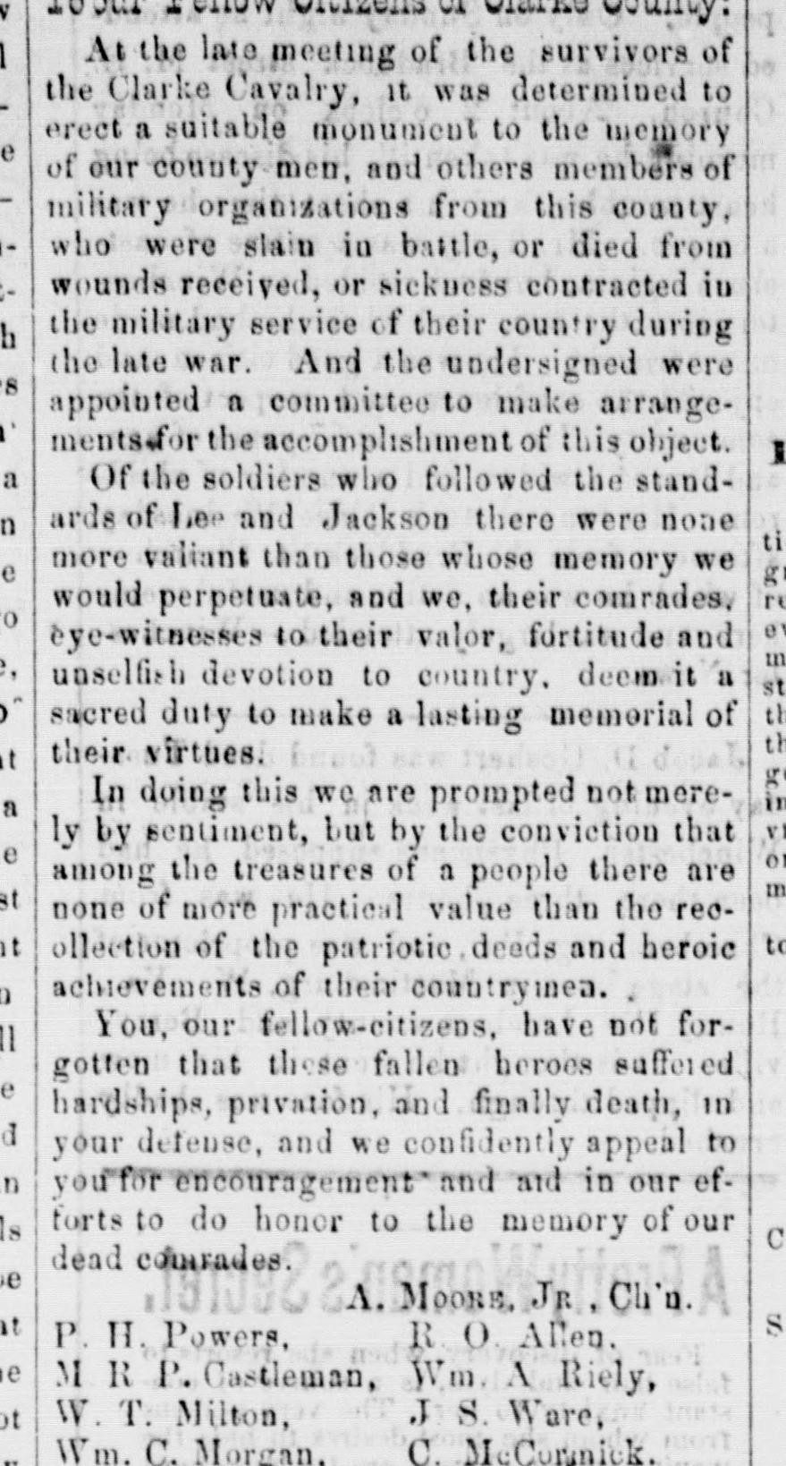 A newspaper column addressed to the citizens of Clarke County announcing the survivors' decision to erect a monument to the county's soldiers who died in the war, appealing for aid, and signed by A. Moore, Jr., chairman, with the committee's names.