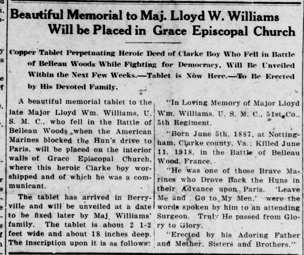 A two-column newspaper item with a large headline about a copper memorial tablet to Maj. Lloyd W. Williams for Grace Episcopal Church, and on the right the inscription giving his birth in 1887 and his death at Belleau Wood in 1918.