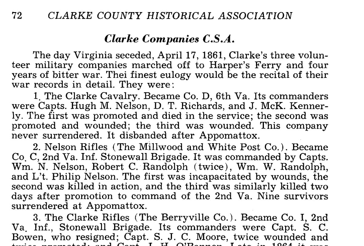 A page of a printed book headed "Clarke Companies C.S.A.," listing three numbered companies: the Clarke Cavalry, the Nelson Rifles and the Clarke Rifles, each with its commanders and the number who surrendered at Appomattox.