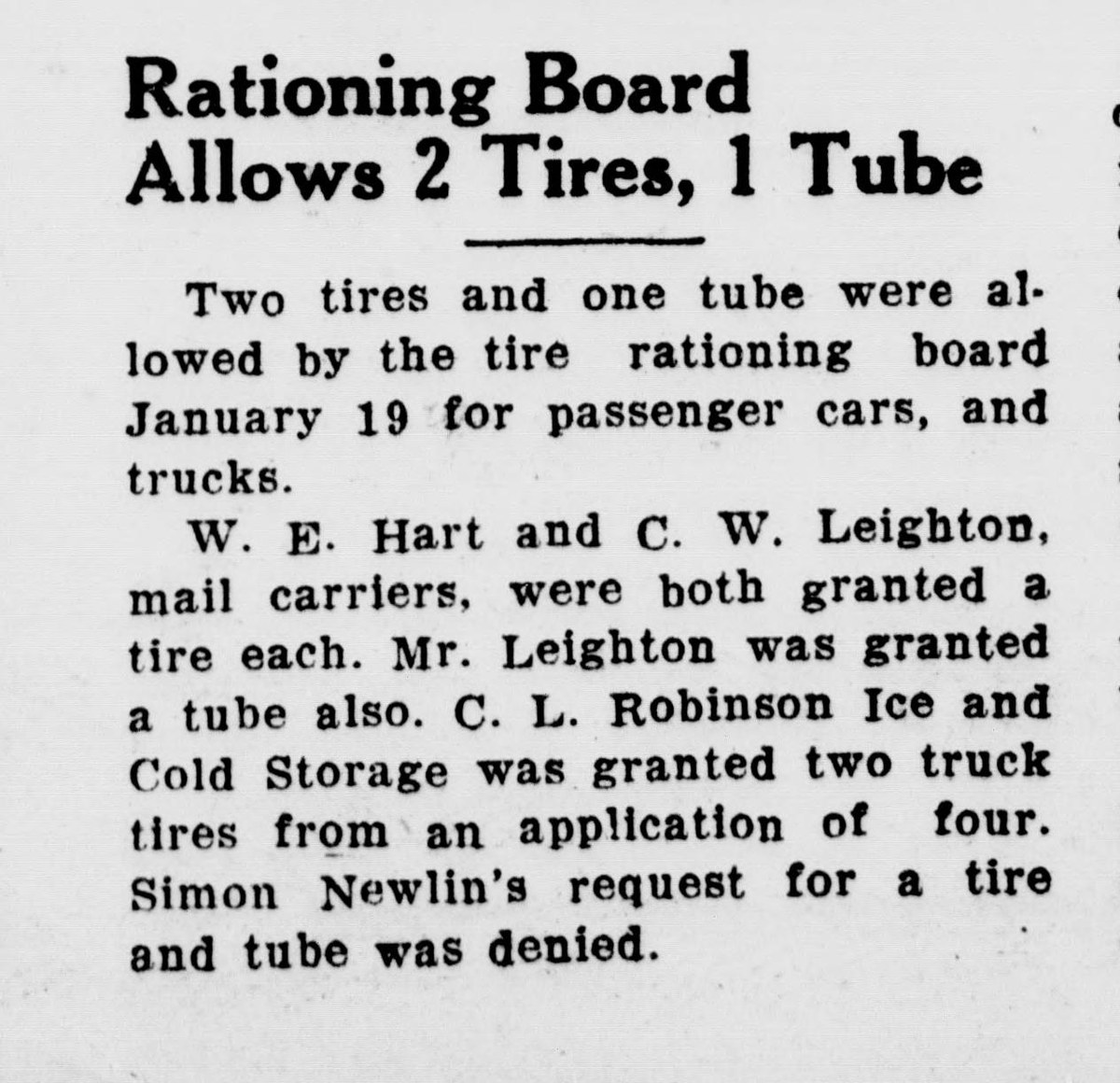 A strip of a newspaper front page. The upper part is the end of an unrelated item on the Infantile Paralysis campaign; below a rule is the headline "Rationing Board Allows 2 Tires, 1 Tube" and a short paragraph listing the tire rationing board's January 19 grants to two mail carriers and an ice and cold storage business, and one denied request.