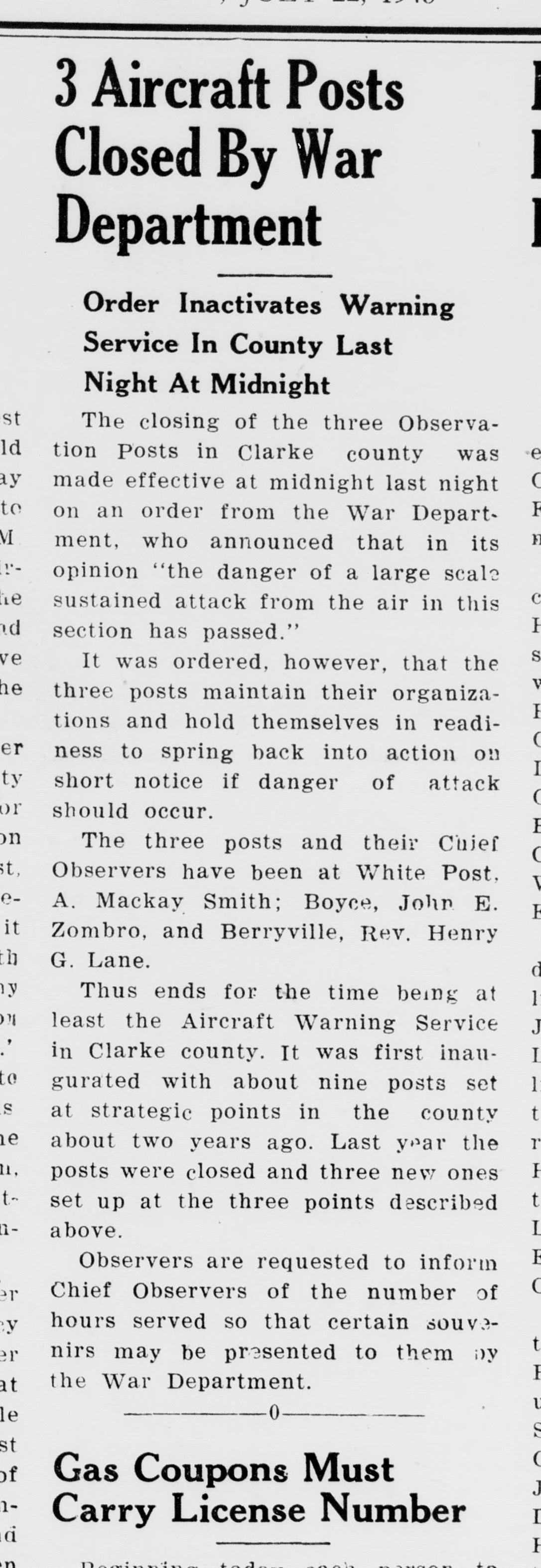 A front-page newspaper column headed "3 Aircraft Posts Closed By War Department," with the subhead "Order Inactivates Warning Service In County Last Night At Midnight." It names the chief observers at White Post, Boyce and Berryville, recalls that the service began with about nine posts, and asks observers to report their hours. The headline of a separate item on gas coupons shows at the foot.