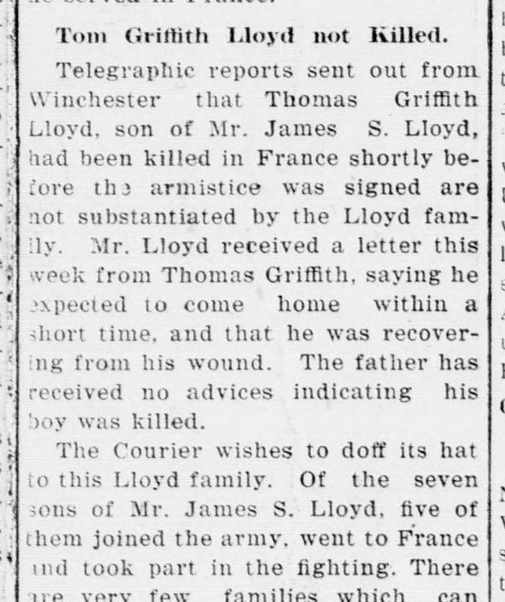 A short newspaper item headed "Tom Griffith Lloyd not Killed," denying a report of his death and saying that five of the seven sons of James S. Lloyd joined the army and went to France.