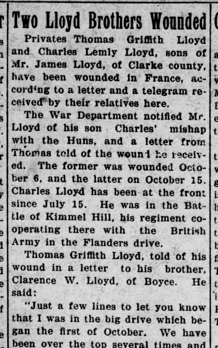 A newspaper column headed "Two Lloyd Brothers Wounded," reporting that Privates Thomas Griffith Lloyd and Charles Lemly Lloyd had been wounded in France, with a letter from Thomas to his brother.