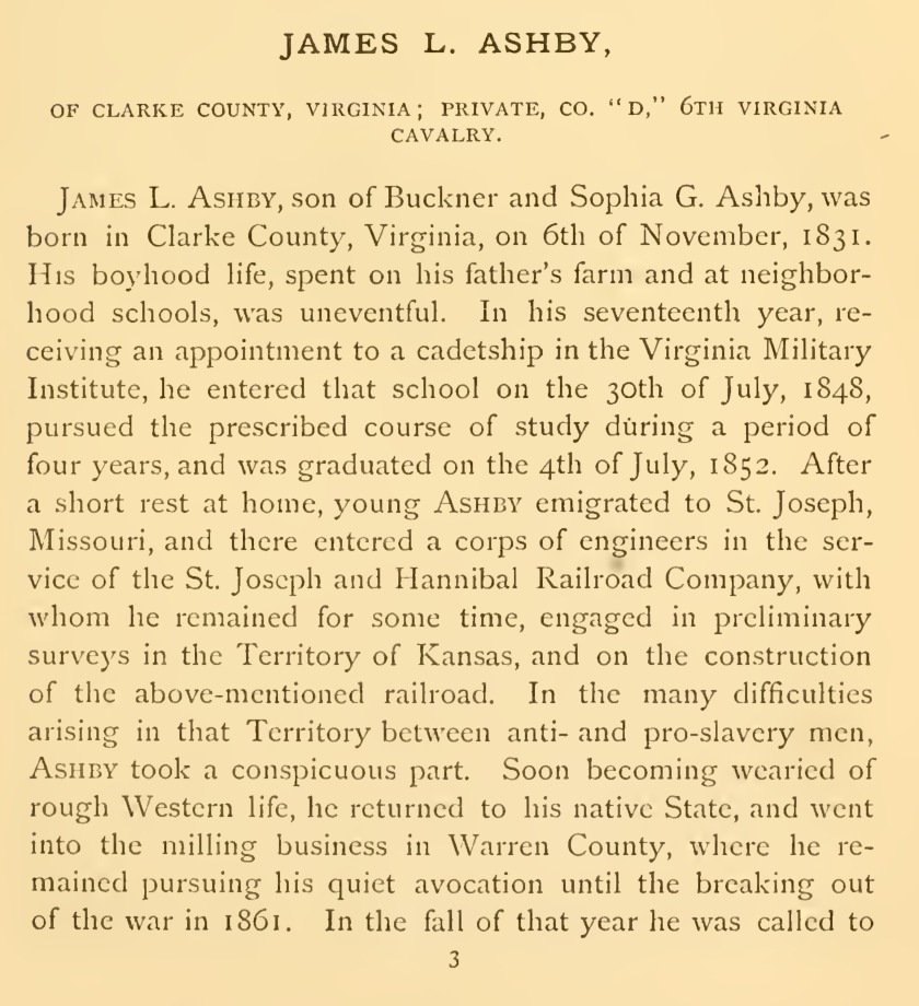 A cropped printed page from the 1875 Memorial of the Virginia Military Institute, showing the printed heading JAMES L. ASHBY, OF CLARKE COUNTY, VIRGINIA; PRIVATE, CO. D, 6TH VIRGINIA CAVALRY, and the first paragraphs of his sketch.