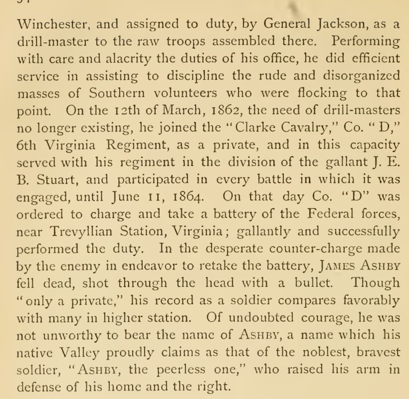 A cropped printed page from the 1875 Memorial of the Virginia Military Institute, showing the upper part of a printed page: the end of a sketch telling of drill-master duty at Winchester, joining the Clarke Cavalry, and that James Ashby fell dead, shot through the head with a bullet.