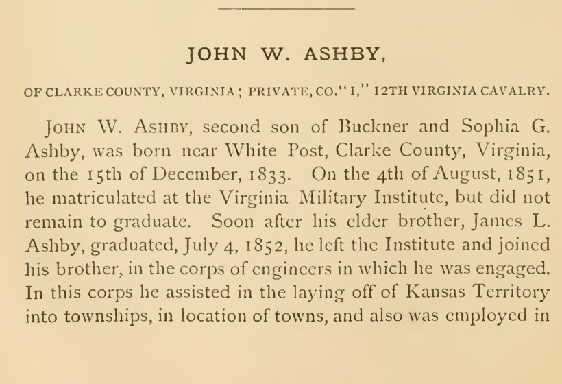 A cropped printed page from the 1875 Memorial of the Virginia Military Institute, showing the printed heading JOHN W. ASHBY, OF CLARKE COUNTY, VIRGINIA; PRIVATE, CO. I, 12TH VIRGINIA CAVALRY, and the first paragraphs of his sketch.