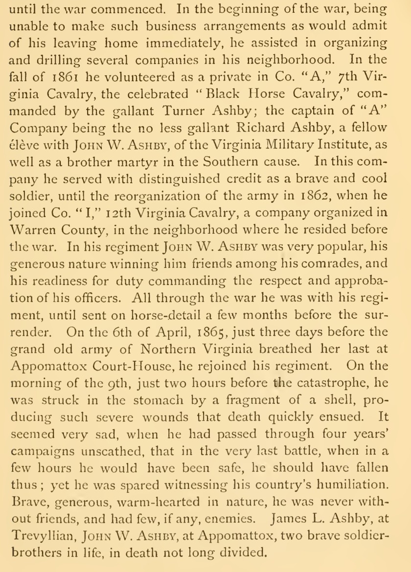 A cropped printed page from the 1875 Memorial of the Virginia Military Institute, showing a full printed page of the end of a sketch: his service in two companies, the events of April 6 and the morning of the 9th, and the closing line that James L. Ashby fell at Trevyllian and John W. Ashby at Appomattox.