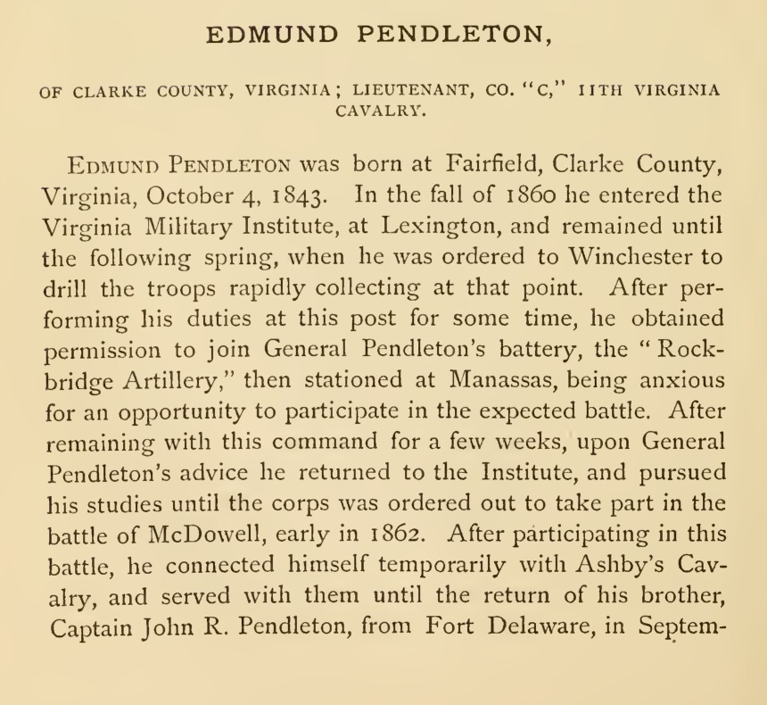 A cropped printed page from the 1875 Memorial of the Virginia Military Institute, showing the printed heading EDMUND PENDLETON, OF CLARKE COUNTY, VIRGINIA; LIEUTENANT, CO. C, 11TH VIRGINIA CAVALRY, and the first paragraph of his sketch, with his birth on October 4, 1843.