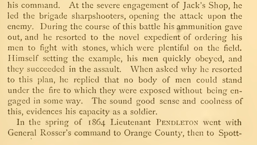 A cropped printed page from the 1875 Memorial of the Virginia Military Institute, showing the lower part of a printed page: a paragraph on the engagement at Jack's Shop, where he led the brigade sharpshooters, and the sentence on the spring of 1864 with General Rosser.
